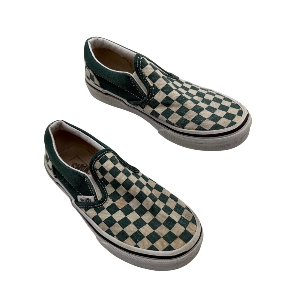 Vans Classic Green White Checkerboard Slip On Sneakers US KIDS 2